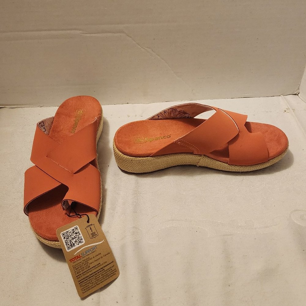 NWT SPENCO Coral Orange-Pink Burlap Platform Slip On Leather Orthopedic Sandals